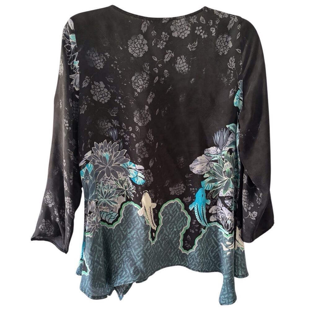Citron Women's XL Shirt Top Teal Blue Black Flowers Tunic Boho Earthy Flowers - Picture 2 of 8